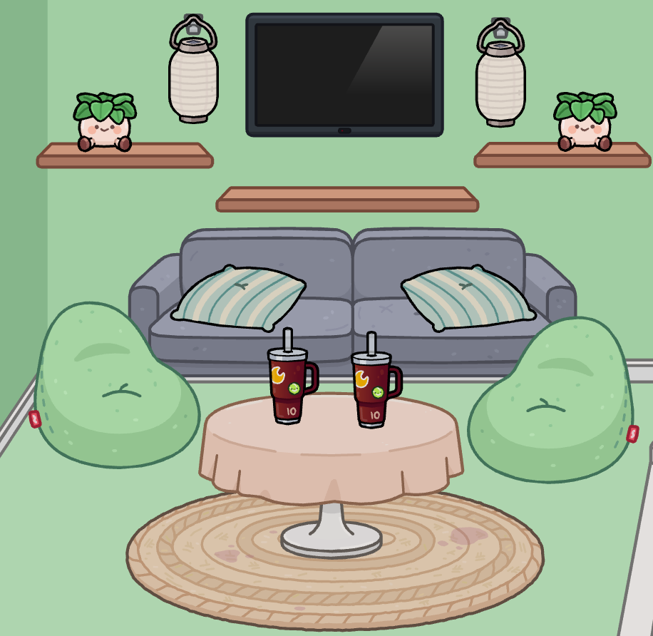 Cozy green living room furniture arranged in Toca Boca World