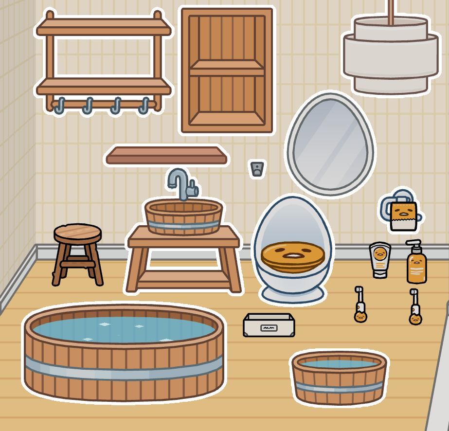 Bathroom items and wooden furniture for a Toca Boca cozy bathroom
