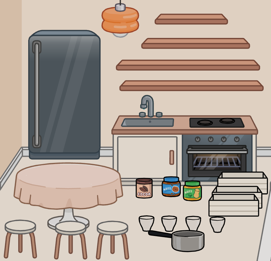 Kitchen counter, refrigerator, tables, shelf boards, jars, glasses and cooking pot for Toca Boca kitchen design