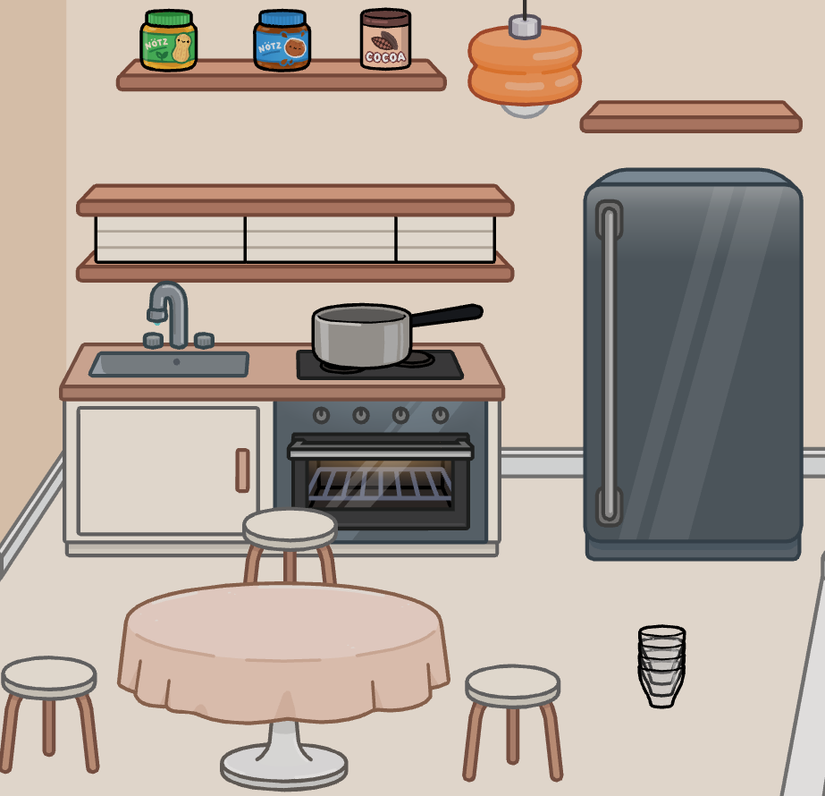 Arranged kitchen counter, refrigerator, shelves, jars, tables and glasses in Toca Boca