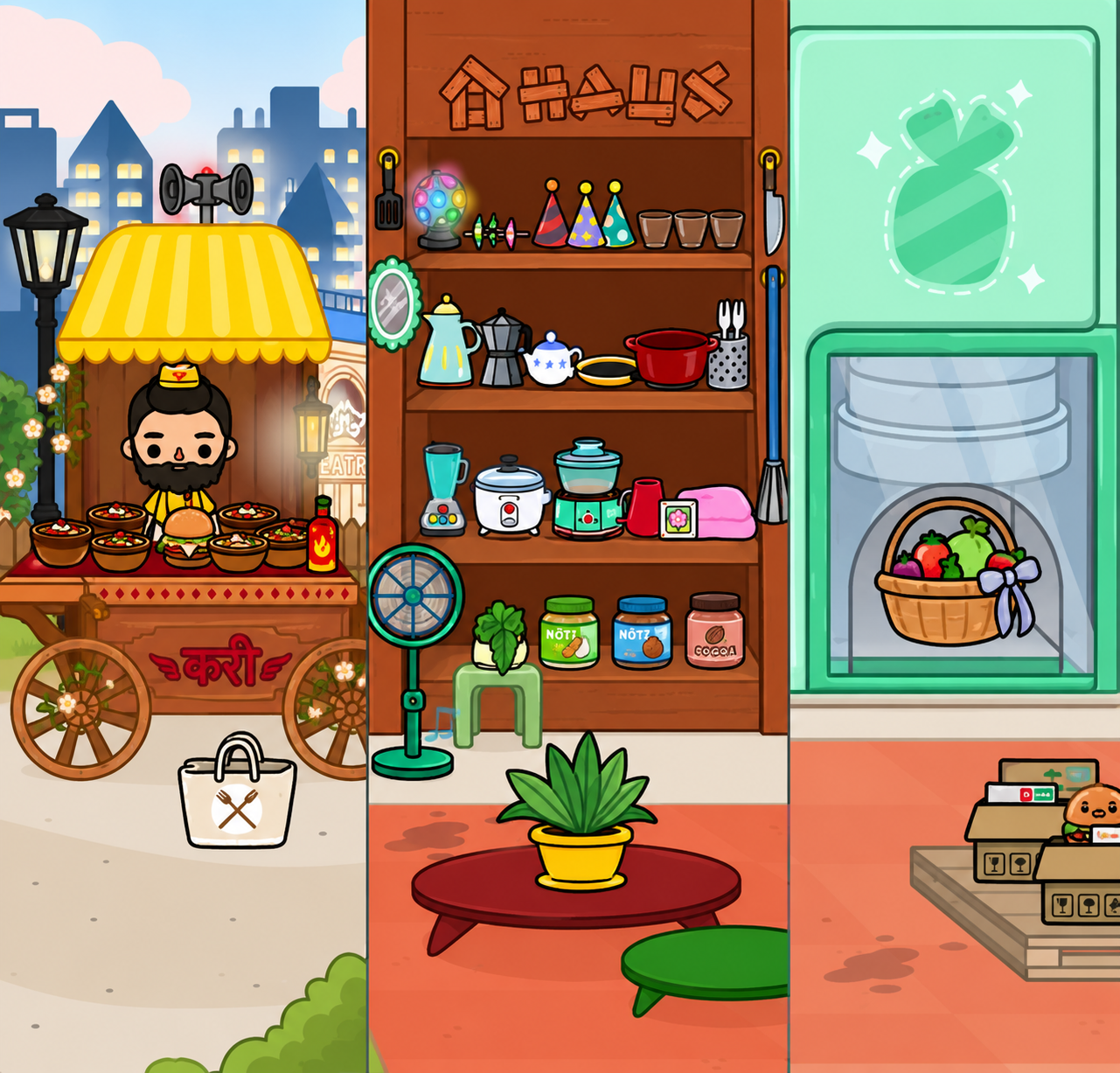 Extra kitchen accessories and food items collected for an aesthetic Toca Boca kitchen