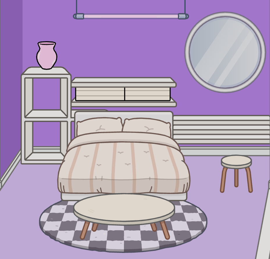 Arrange the furniture in a Toca Boca pastel purple princess bedroom