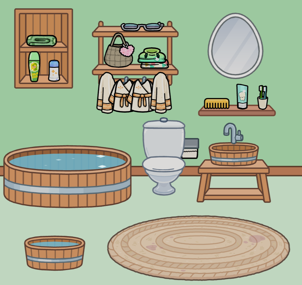 Arrange the accessories in a Toca Boca cozy spa bathroom