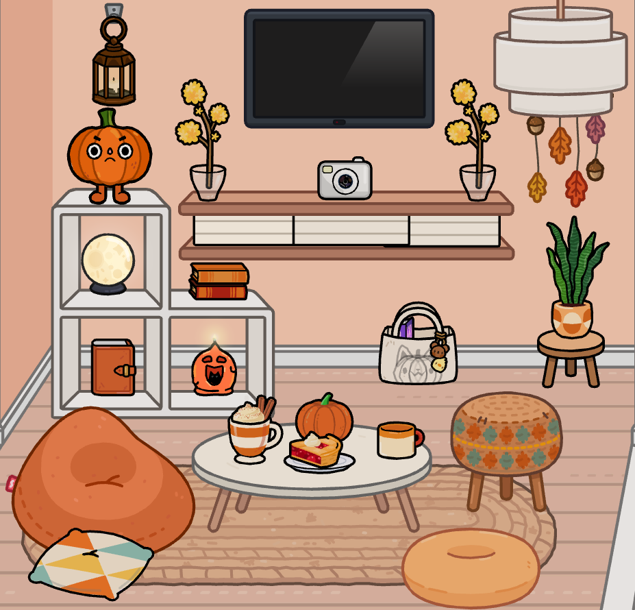Arrange all the decorations and food in a Toca Boca cozy autumn house