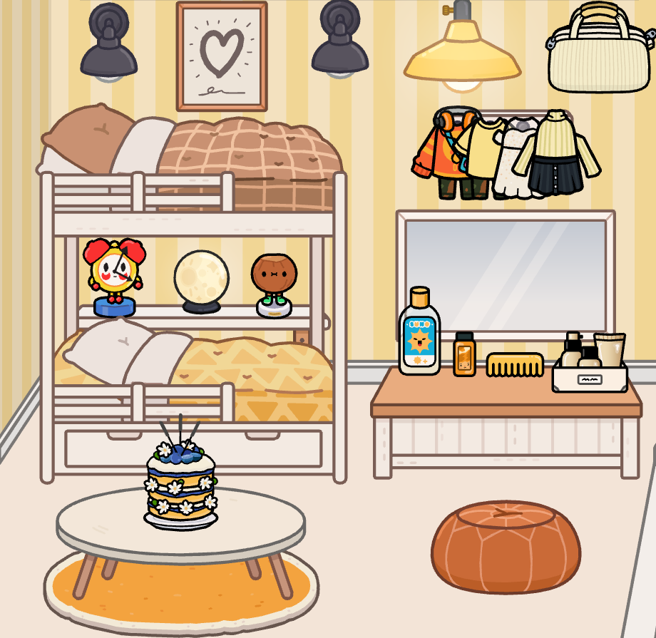 Arranging collected items and clothes in a cozy chibi bedroom in Toca Boca