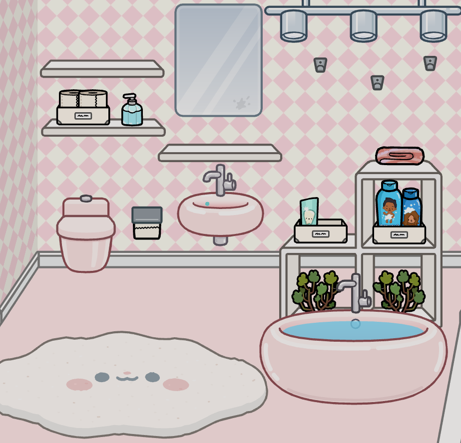Pink groovy bathroom furniture and decorations arranged in Toca Boca World