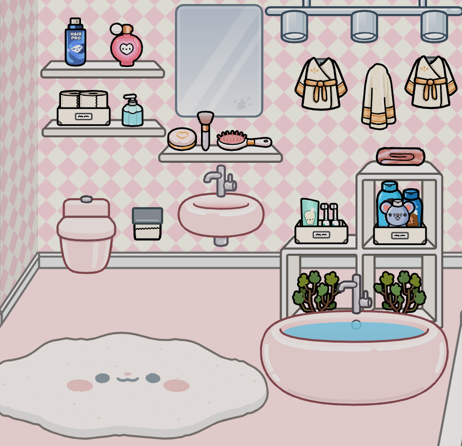 Arranging extra makeup and beauty accessories in a pink groovy Toca Boca bathroom